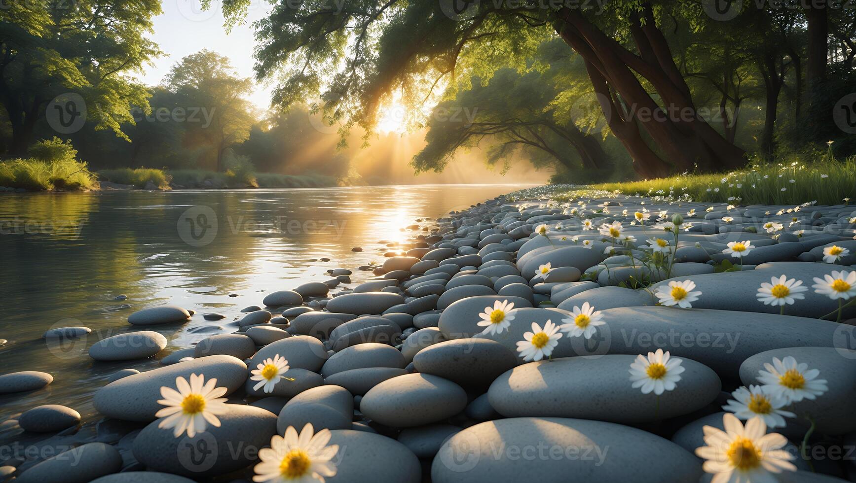 Riverbank with Rocks and Daisies in a Peaceful Morning Scene photo