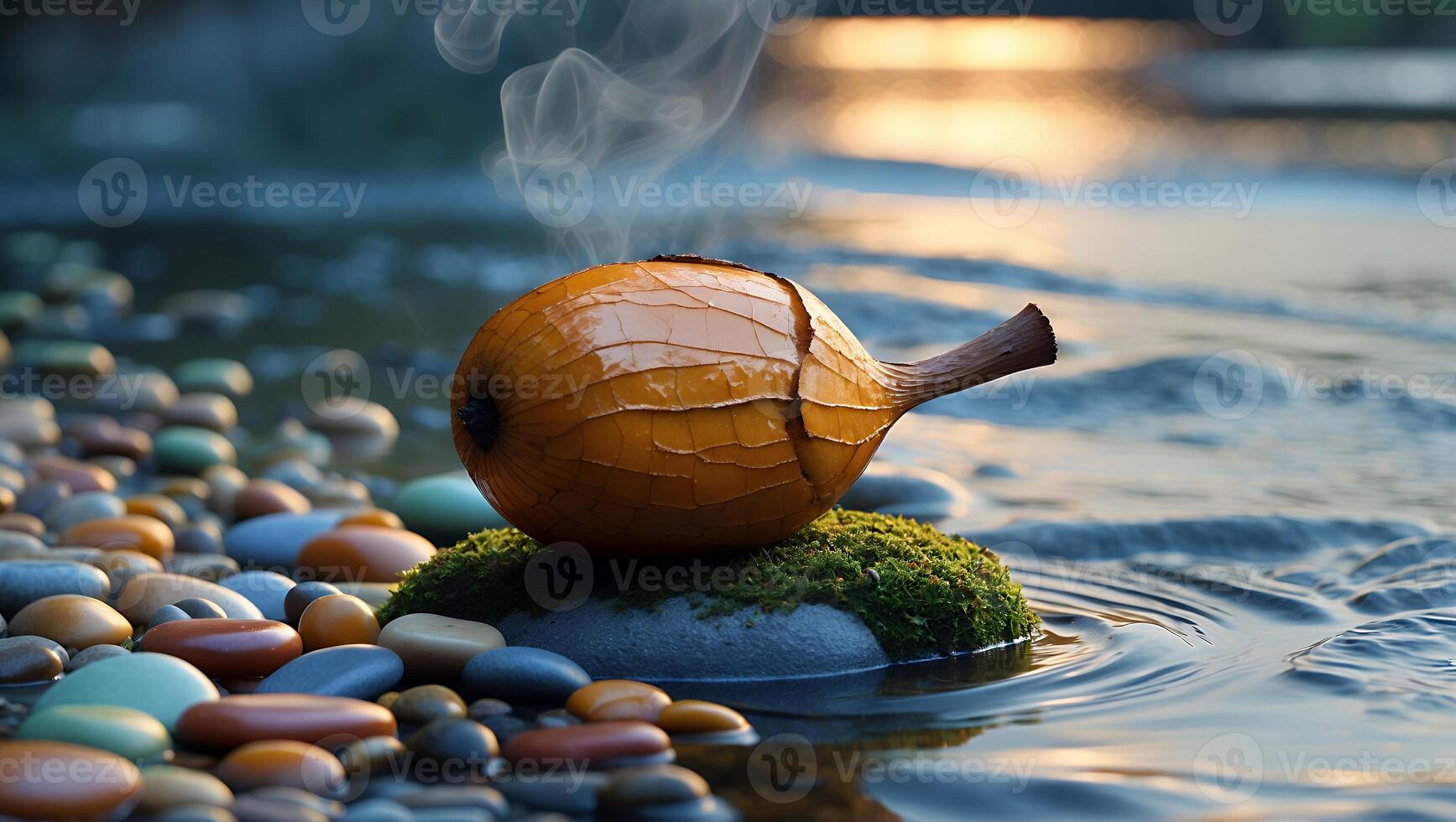Smoking Orange Fruit on Mossy Rock by Water at Sunset photo