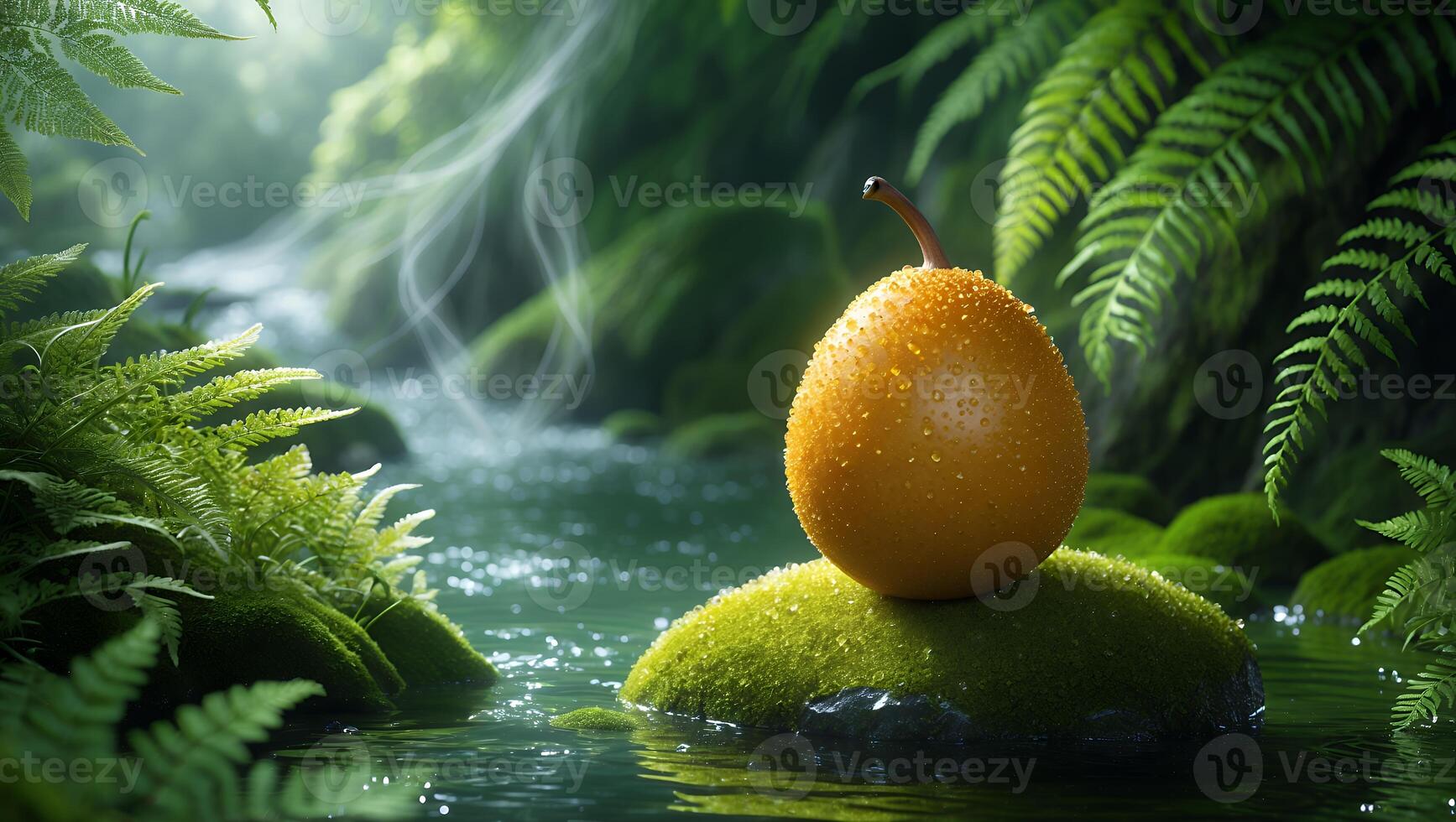 Isolated Fruit on Mossy Rock in Stream Surrounded by Ferns photo