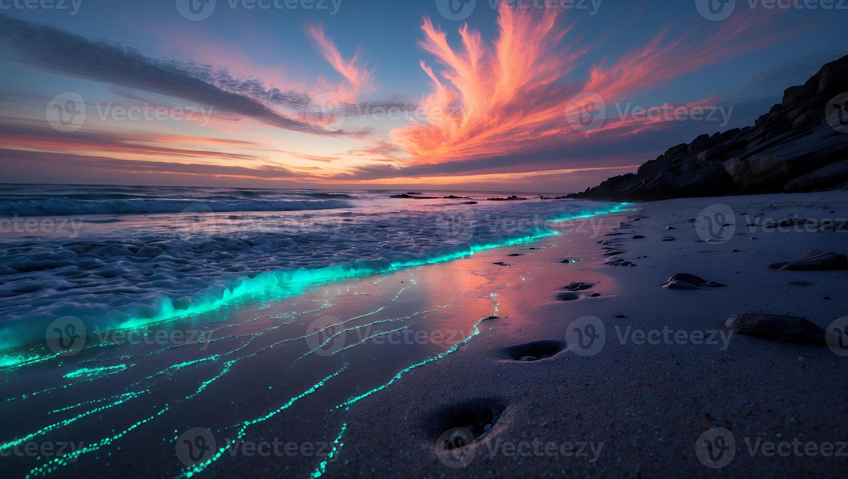 Glowing Ocean Wave Washing Onto Sandy Beach at Twilight with Vibrant Sky photo