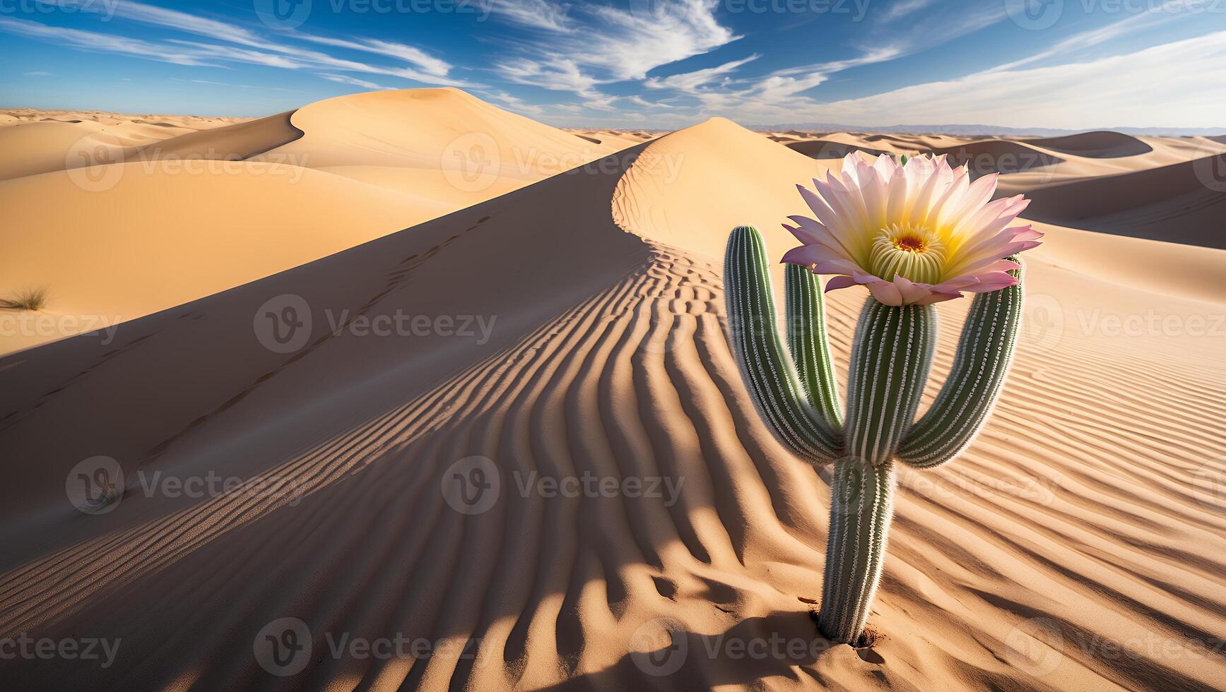 Cactus Blooming in Desert Landscape with Sand Dunes and Sky photo