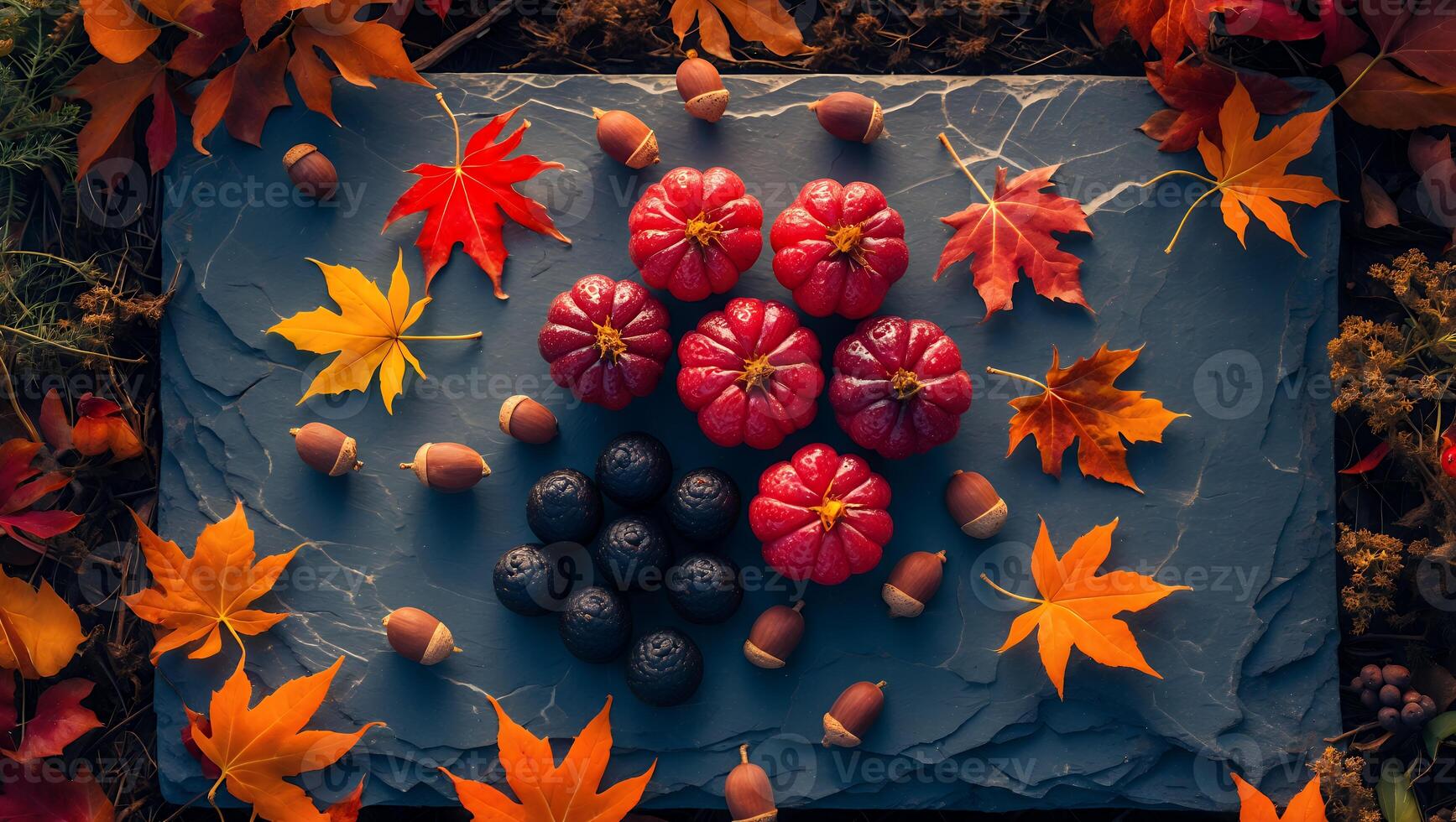 Autumn Harvest Display Red Pumpkins Dark Berries and Colorful Maple Leaves photo