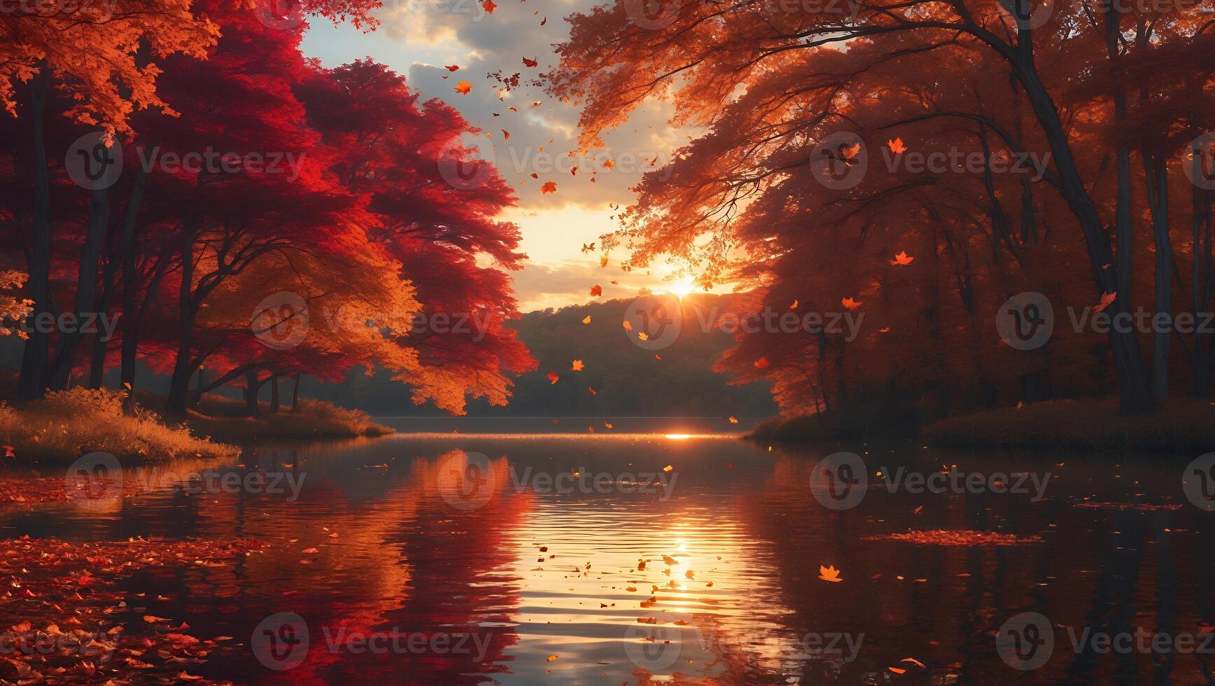 Autumn Forest Reflecting in Lake at Sunset with Falling Leaves photo