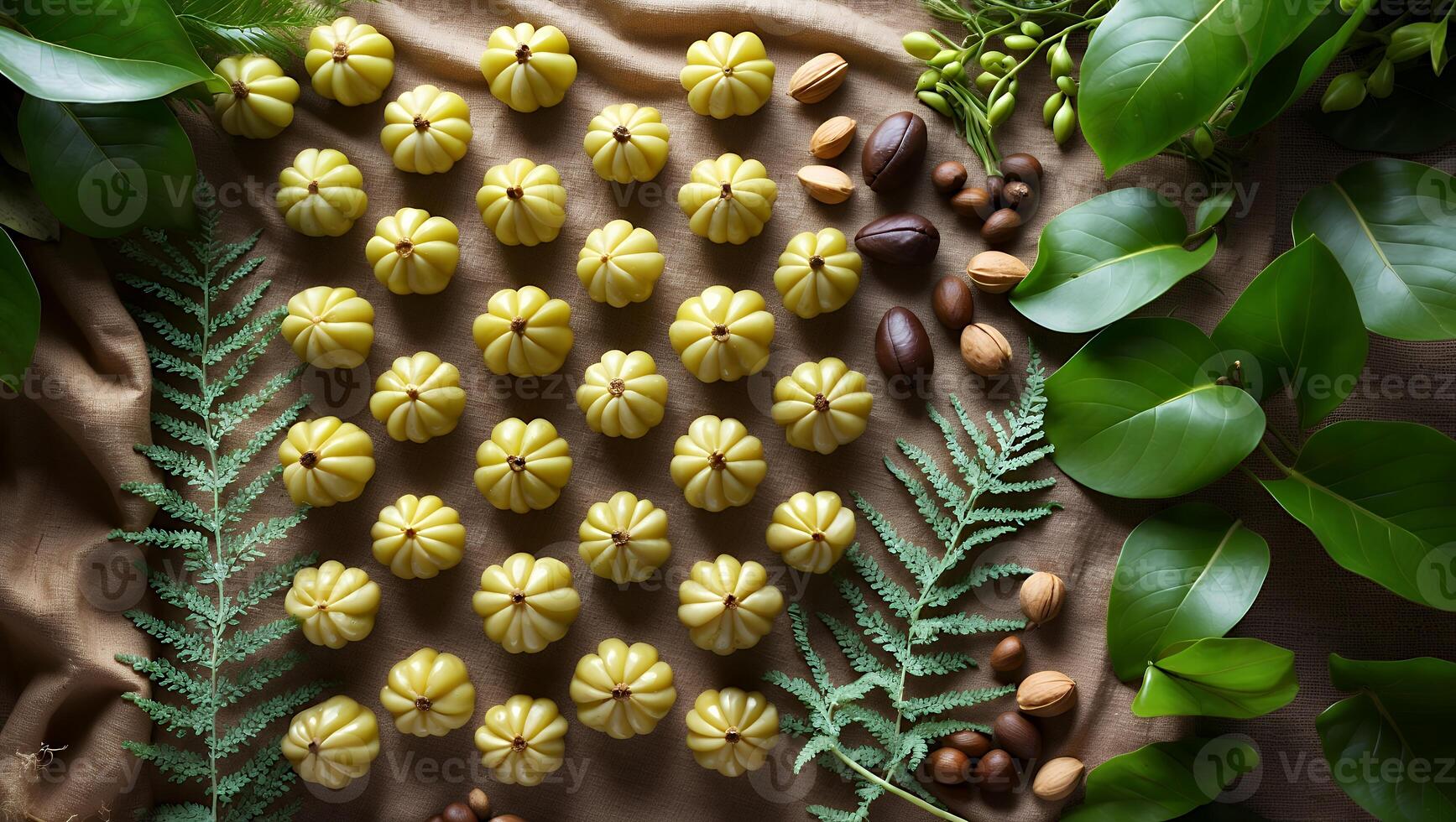 Arrangement of Tropical Fruits and Nuts with Greenery on Fabric photo
