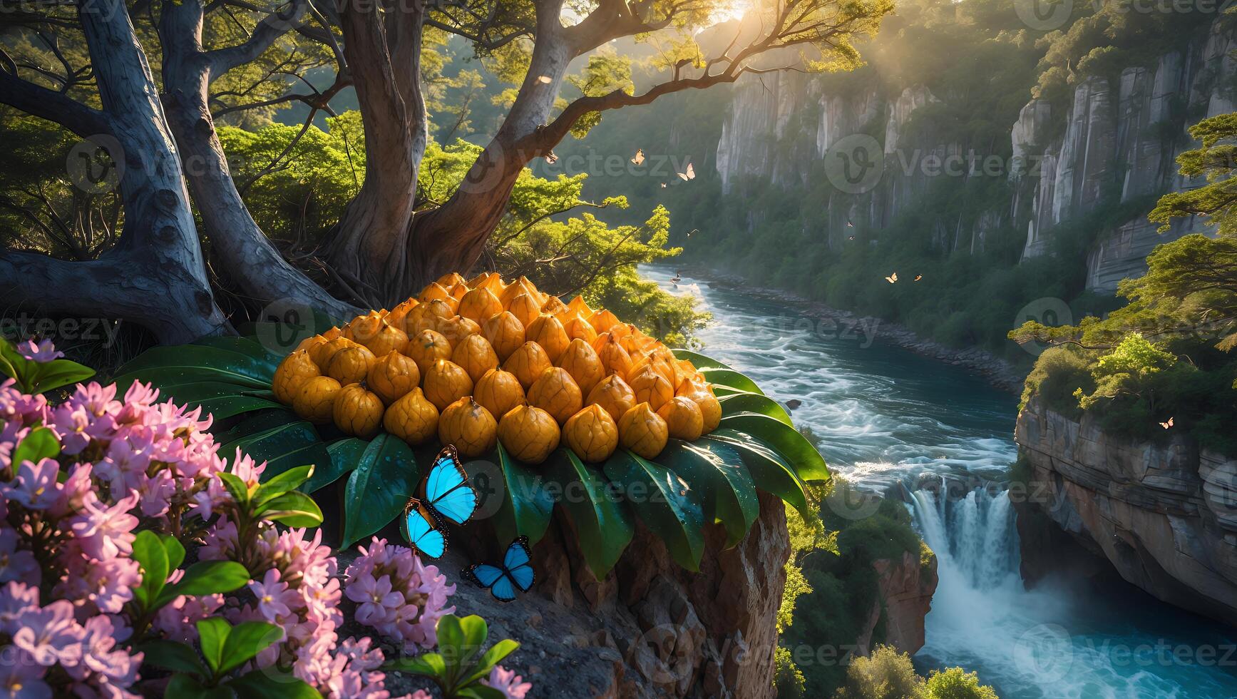 Orange Fruit on a Cliff Overlooking a Waterfall in Nature photo