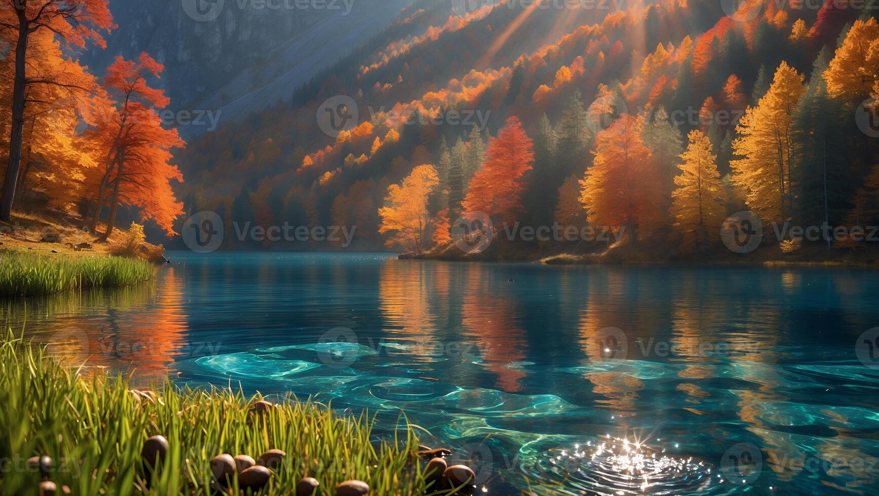 Calm Autumn Lake Reflection with Forest Trees and Bright Sunlight photo