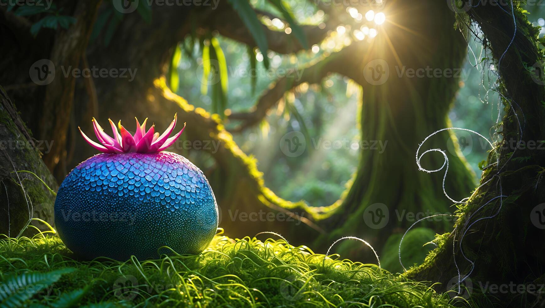 Surreal Bloom in Mossy Forest Glade Bathed in Golden Sunlight photo