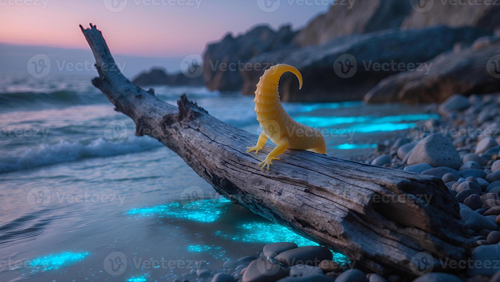 Creature Resting on Log Near Glowing Water at Rocky Beach Sunset photo
