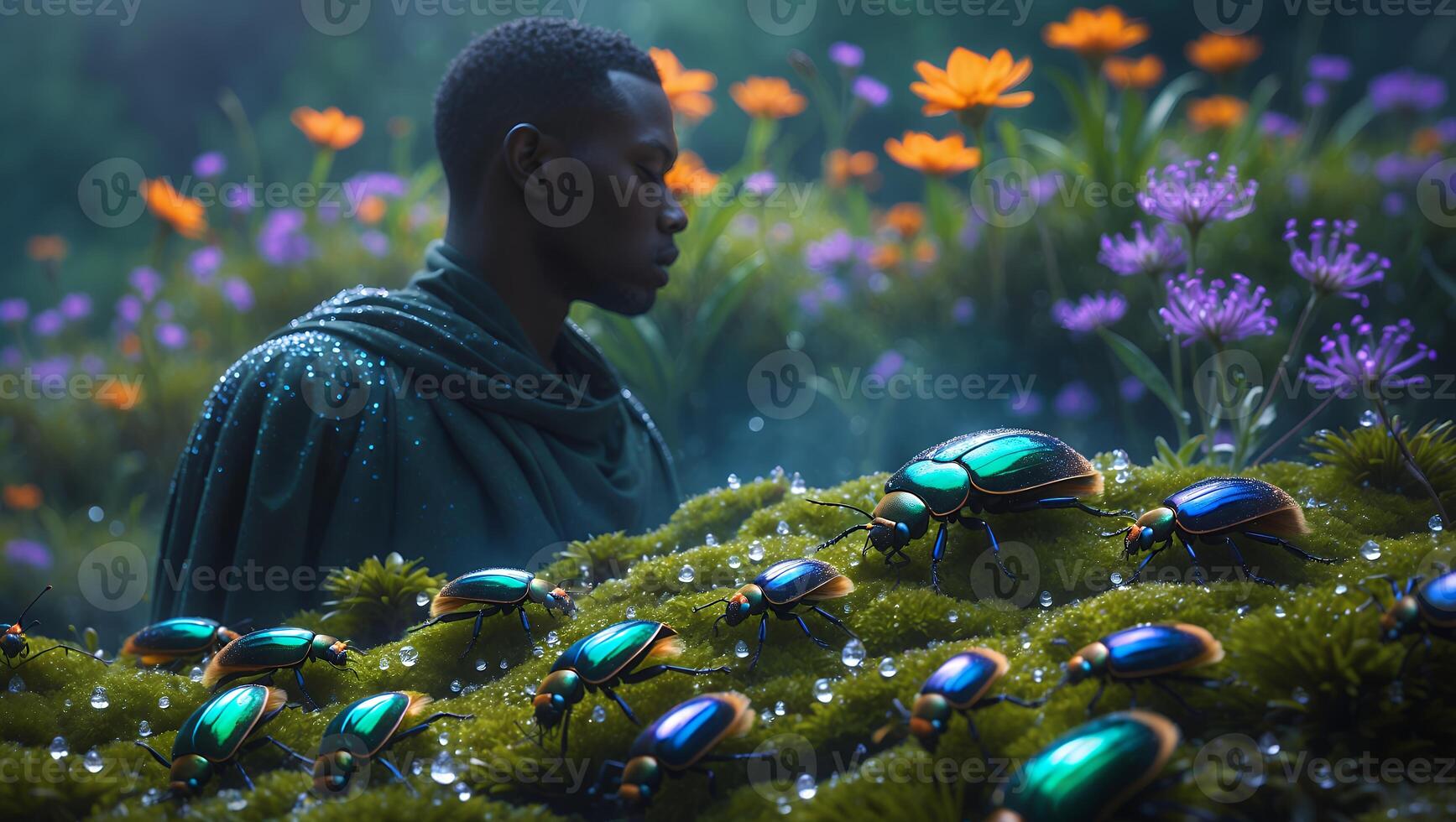 Man Gazing at Colorful Beetles on Mossy Ground Surrounded by Flowers photo