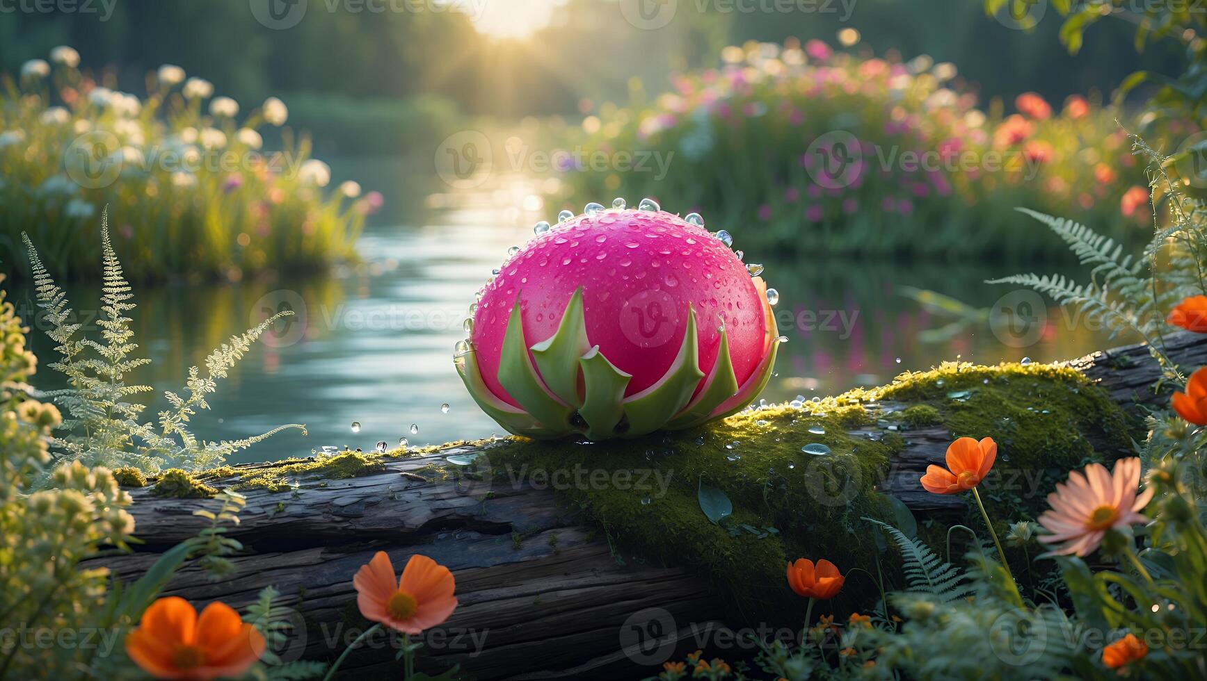 Pink Fruit with Water Droplets on Mossy Log by River photo