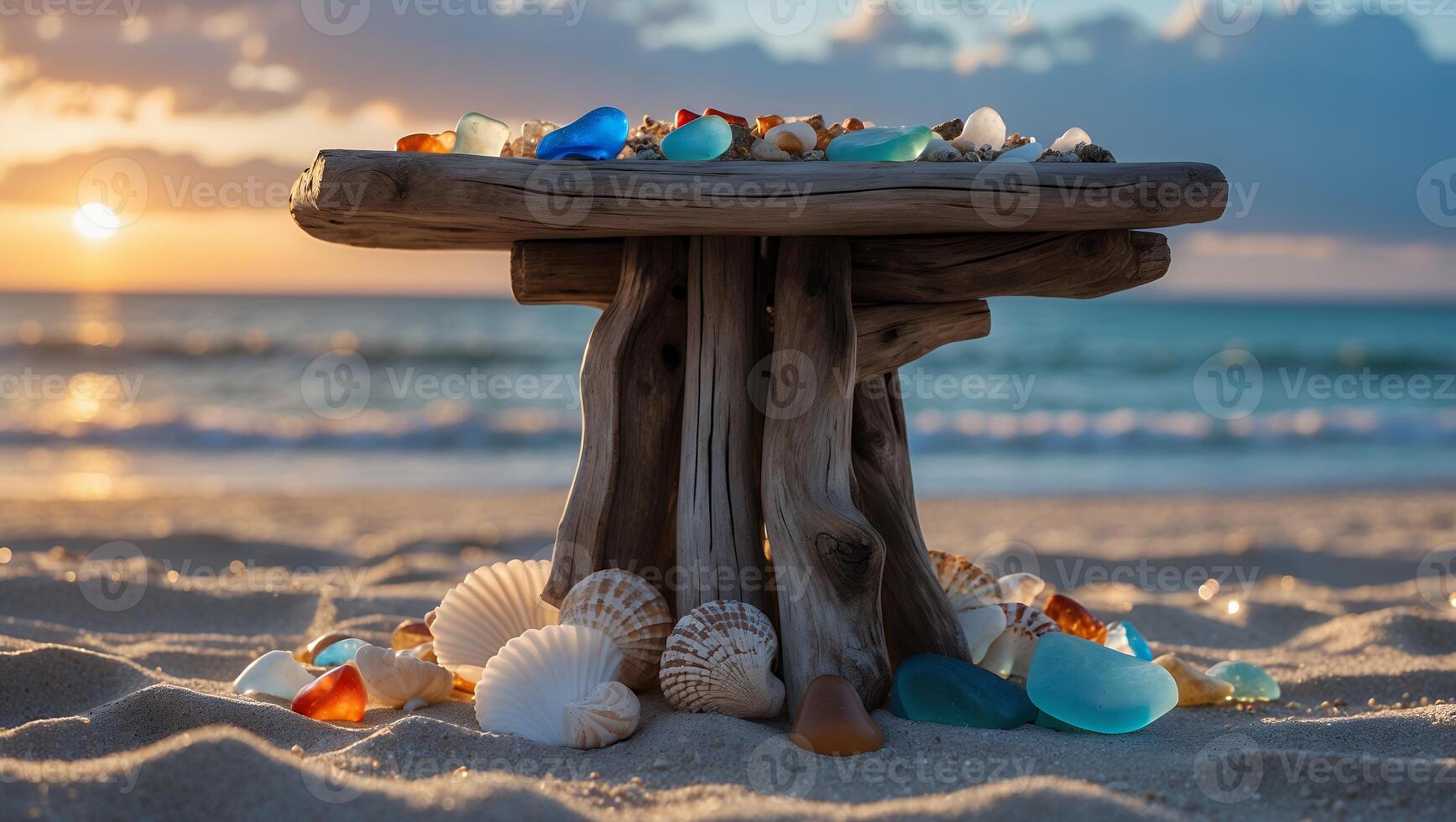 Beach Still Life with Driftwood Displaying Sea Glass and Seashells photo