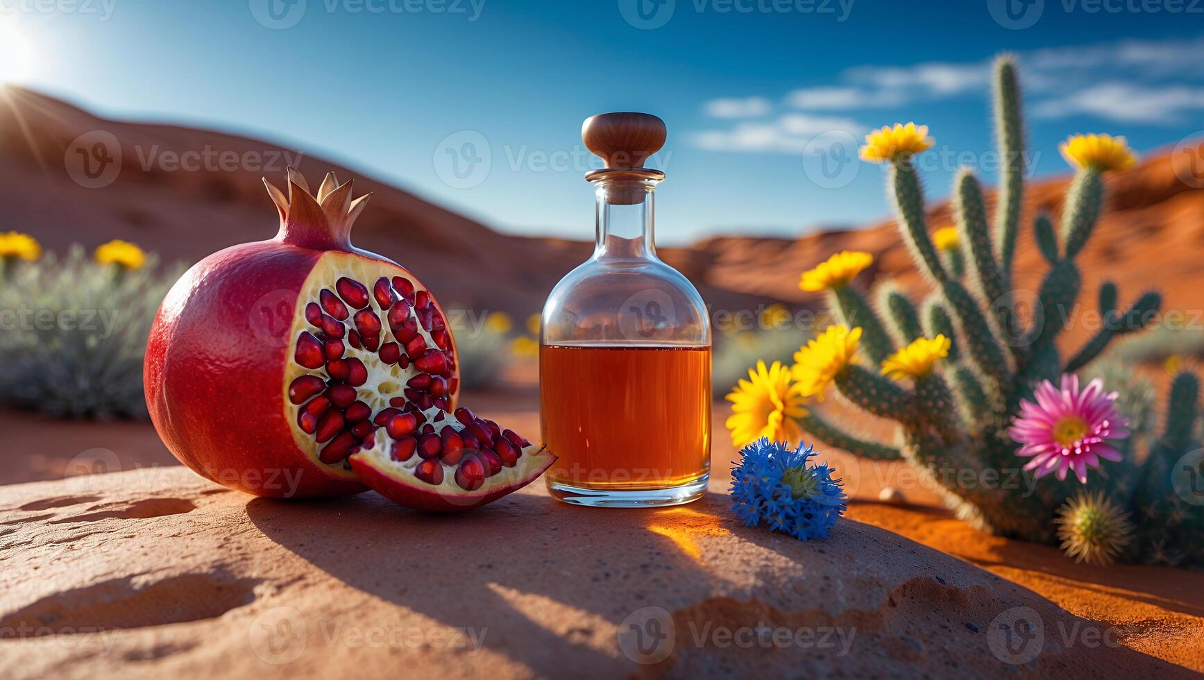 Pomegranate and Elixir Bottle in Desert Landscape with Flowers photo