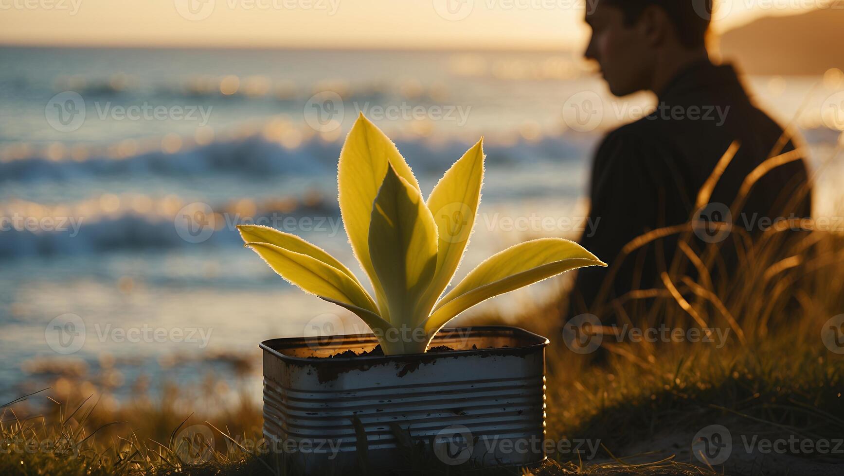 Plant Growing in Can by Ocean at Sunset with Pensive Man photo