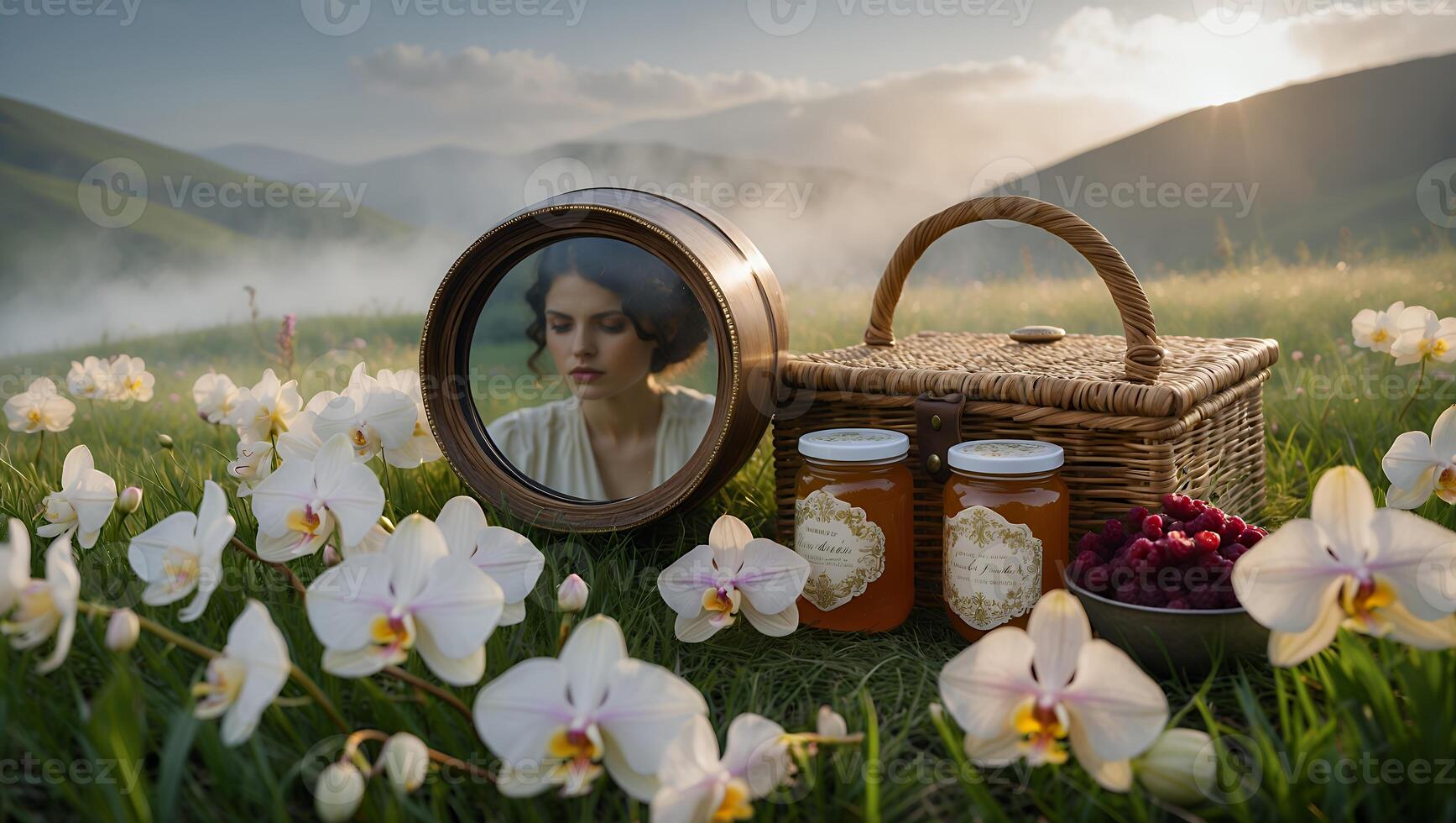 Woman Reflection in Mirror with Picnic Basket on Grassy Meadow photo