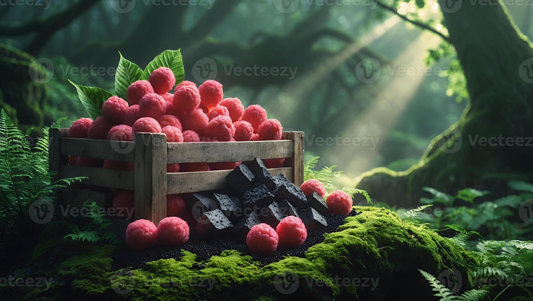 Ripe Raspberries in Wooden Crate with Dark Objects in Forest photo
