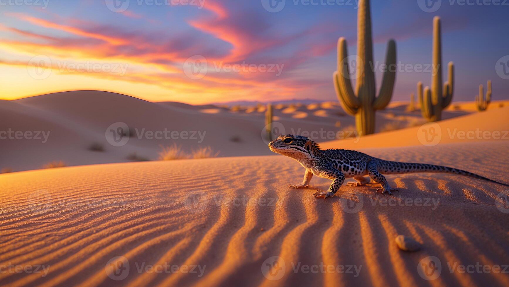 Lizard Walking on Desert Sand Dune at Sunset with Cactus Scenery photo
