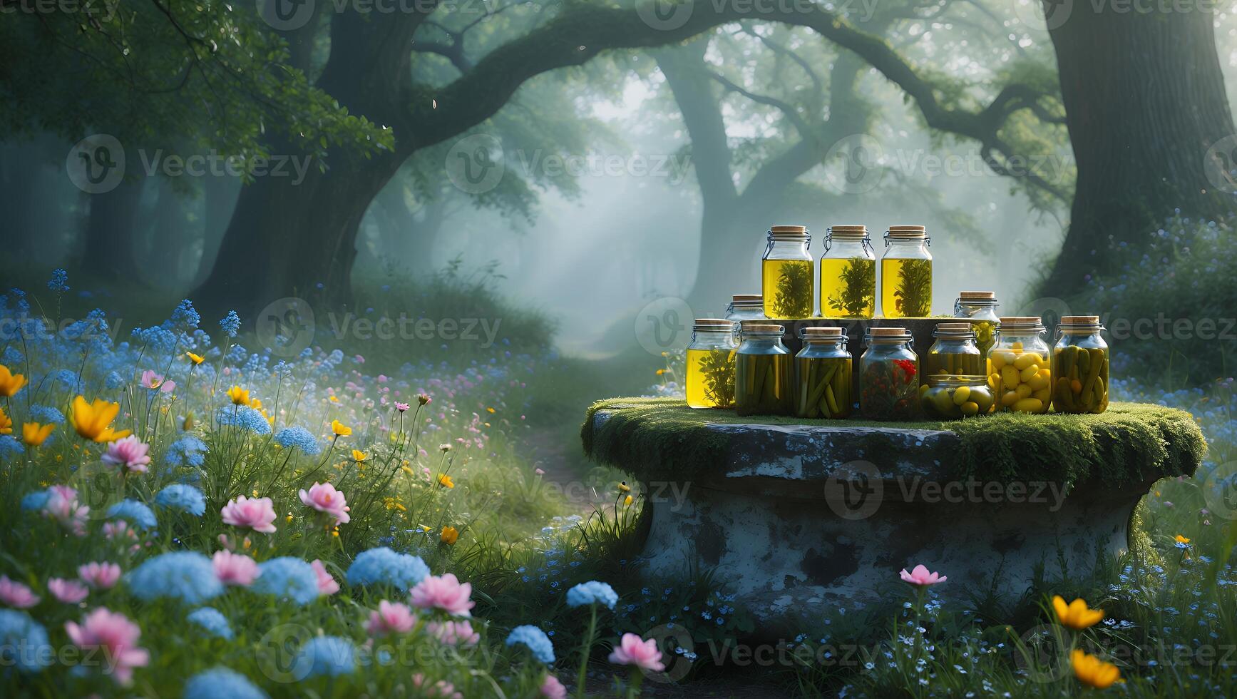 Jars of Pickled Vegetables Displayed on Stone Pedestal in Misty Forest photo