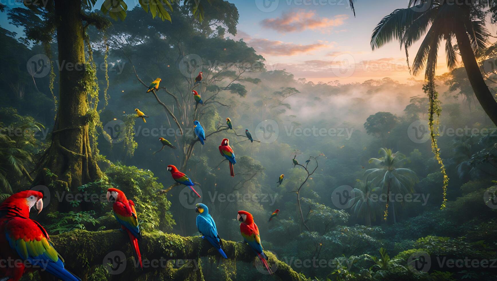 Colorful Macaws in Tropical Jungle Habitat with Mist and Sunlight photo