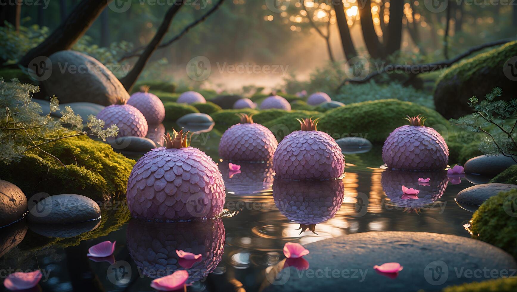 Pink Spheres Floating on Water in Magical Forest Setting photo