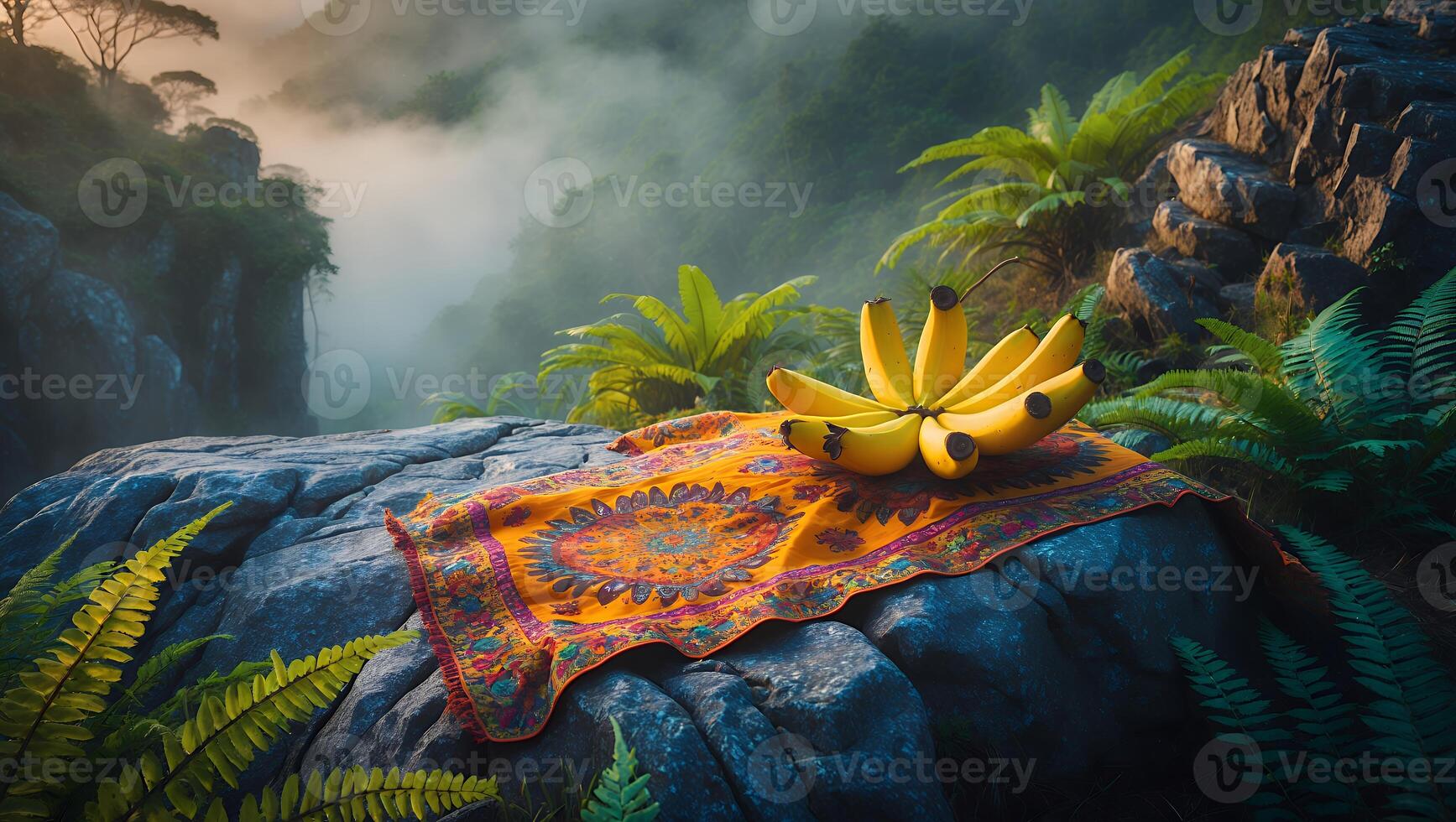Bananas on Blanket Overlooking Jungle Mountain Valley with Misty Horizon photo