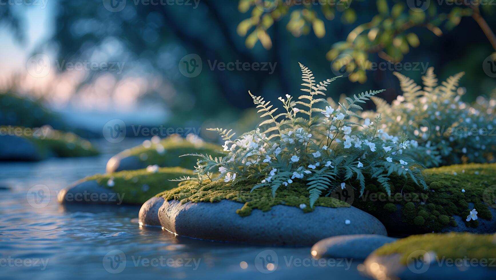 Mossy Rocks with Ferns and Small Flowers in Tranquil Stream Water photo