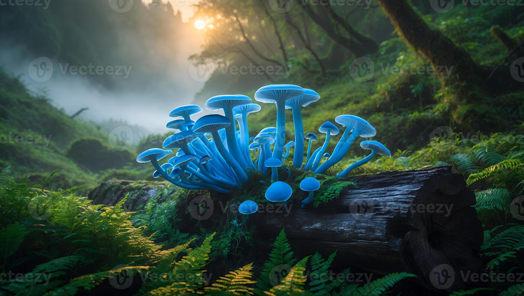 Glowing Mushrooms Growing on Fallen Log in Lush Foggy Forest photo