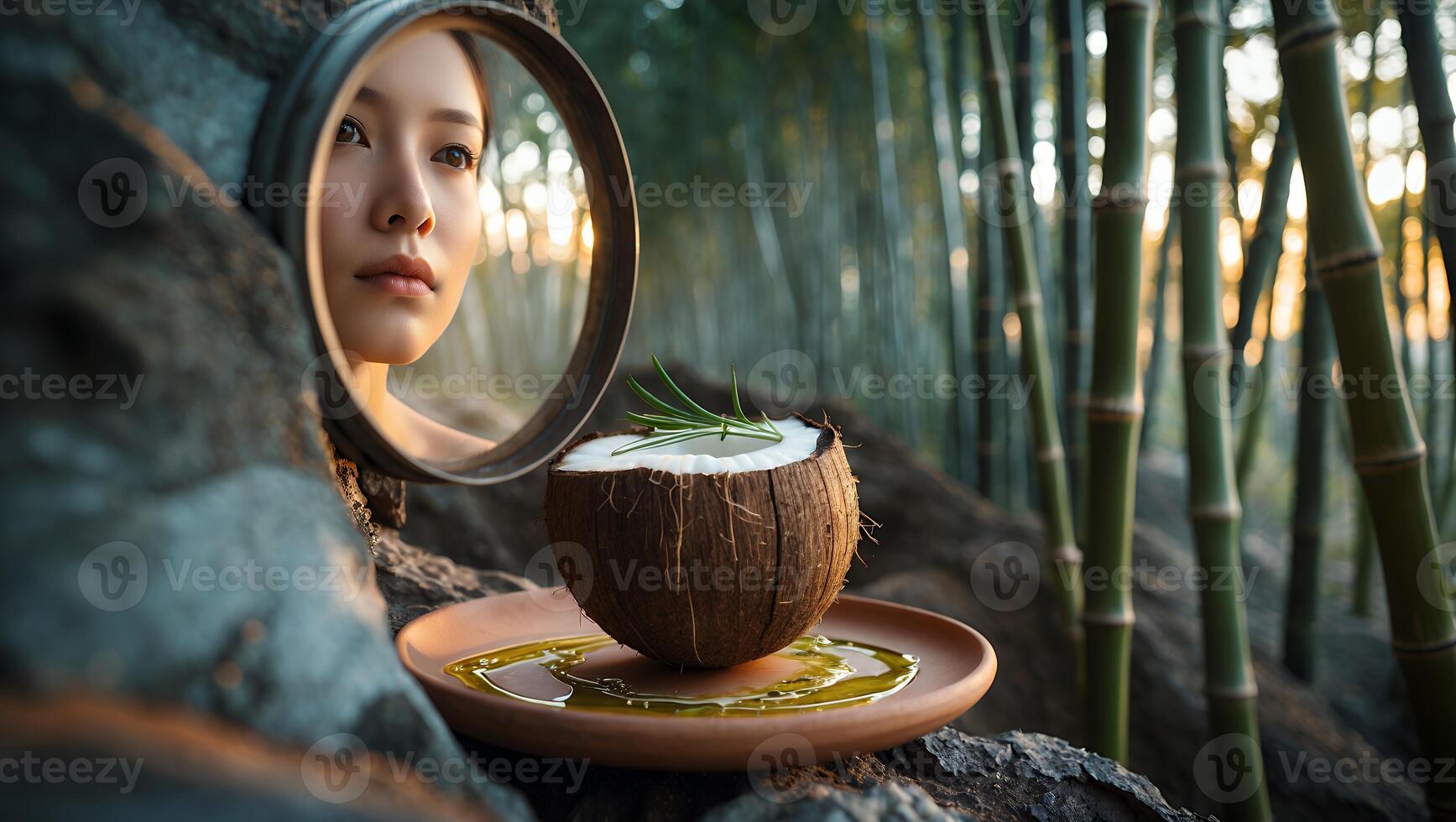 Woman's Reflection in Mirror Next to Coconut in Bamboo Forest photo