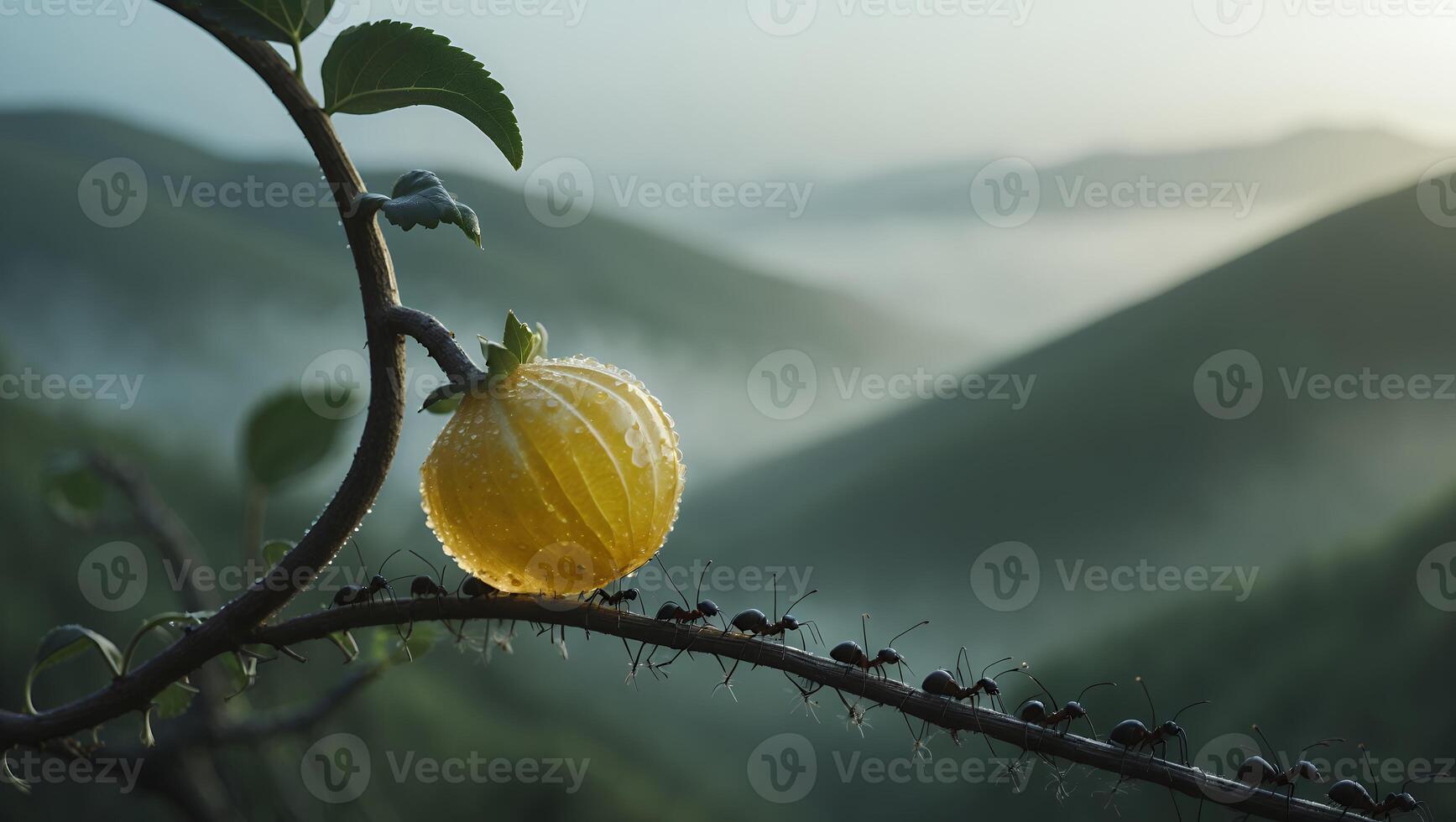 Ants Carrying Fruit Slice Across a Branch with Mountain Backdrop photo