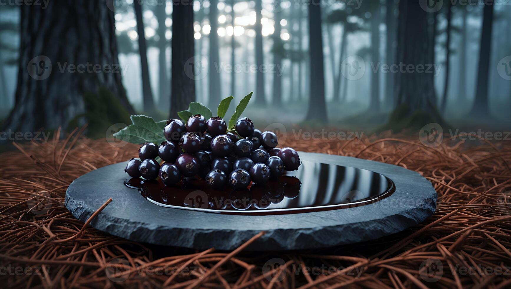 Dark Berries on Slate with Reflection in Misty Forest Setting photo