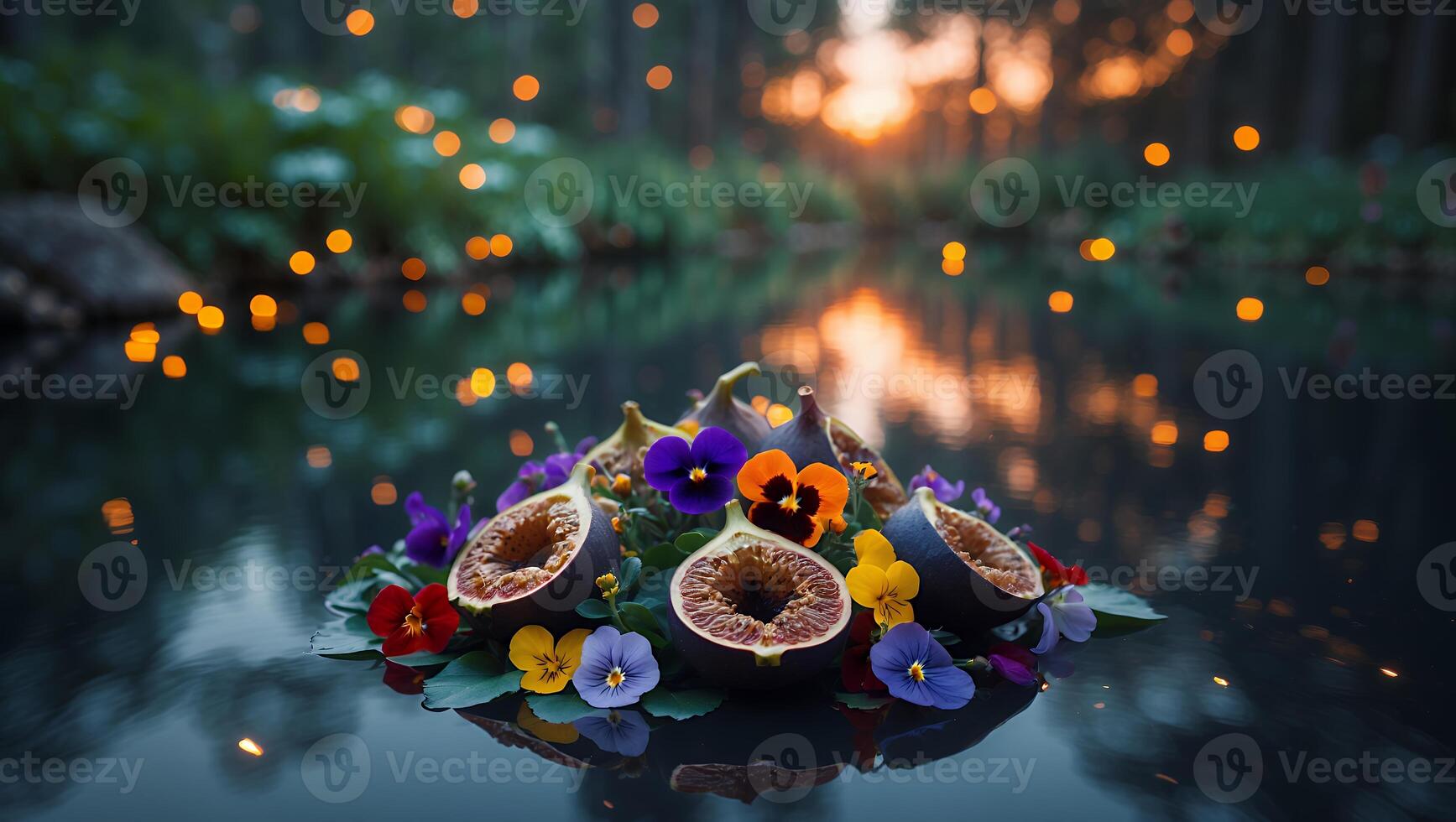 Floating Figs and Flowers in a Peaceful Pond at Sunset photo