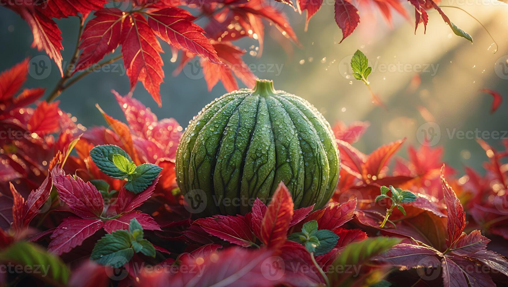 Gourd in Autumn Leaves with Mint and Water Droplets Sparkle photo