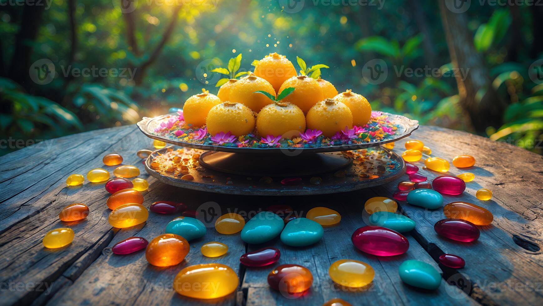 Orange Sweets on Silver Tray with Colorful Stones in Nature photo