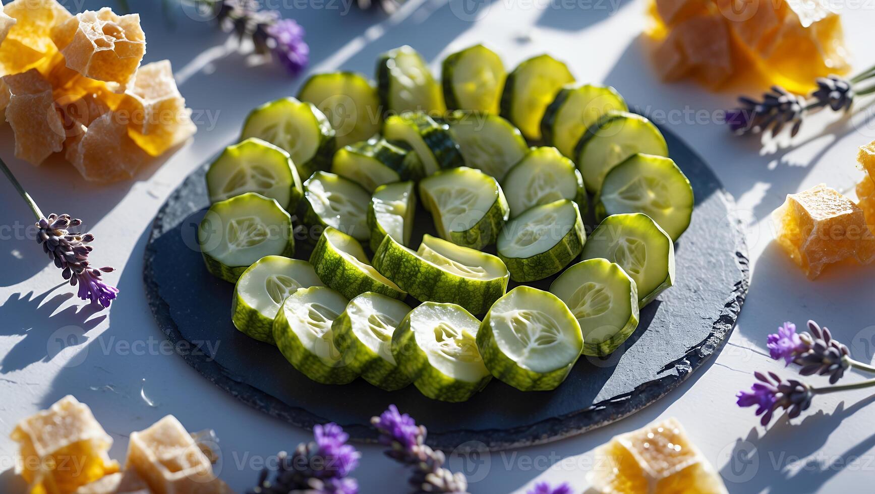 Arrangement of Cucumber Slices with Lavender and Honeycomb Pieces photo