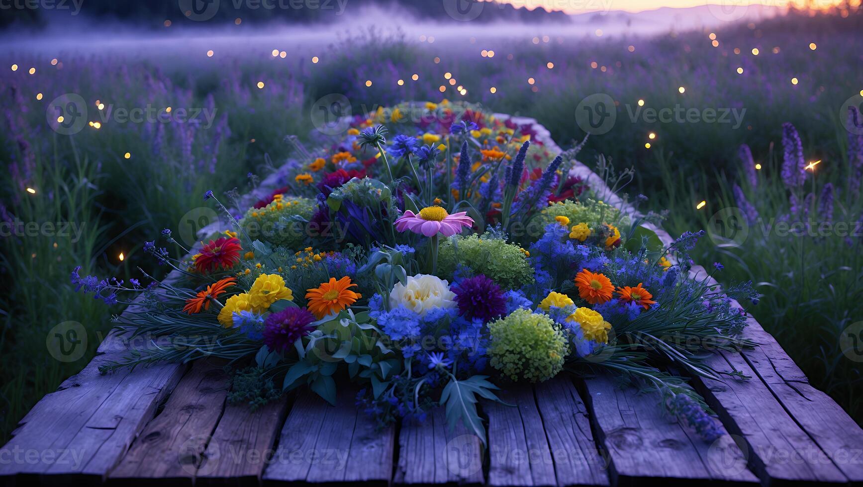 Vibrant Flower Arrangement on Wooden Path in Dreamy Evening Meadow photo