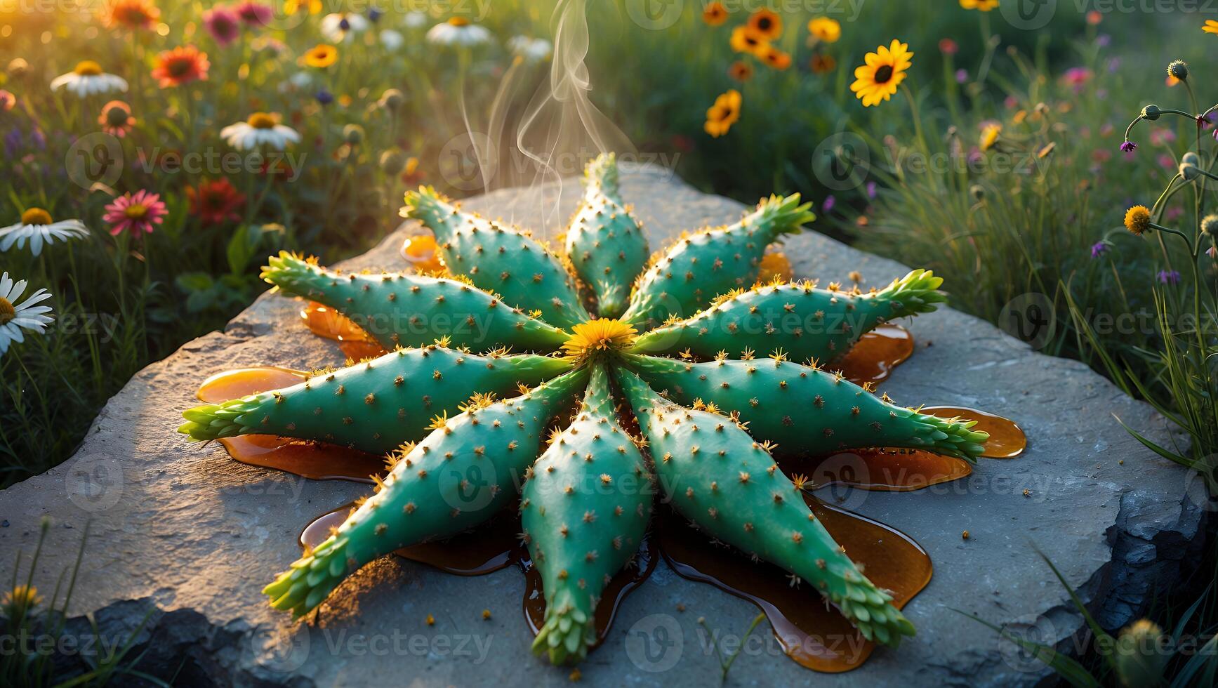 Prickly Pear Cactus Arranged on Stone Slab with Honey Drizzle photo