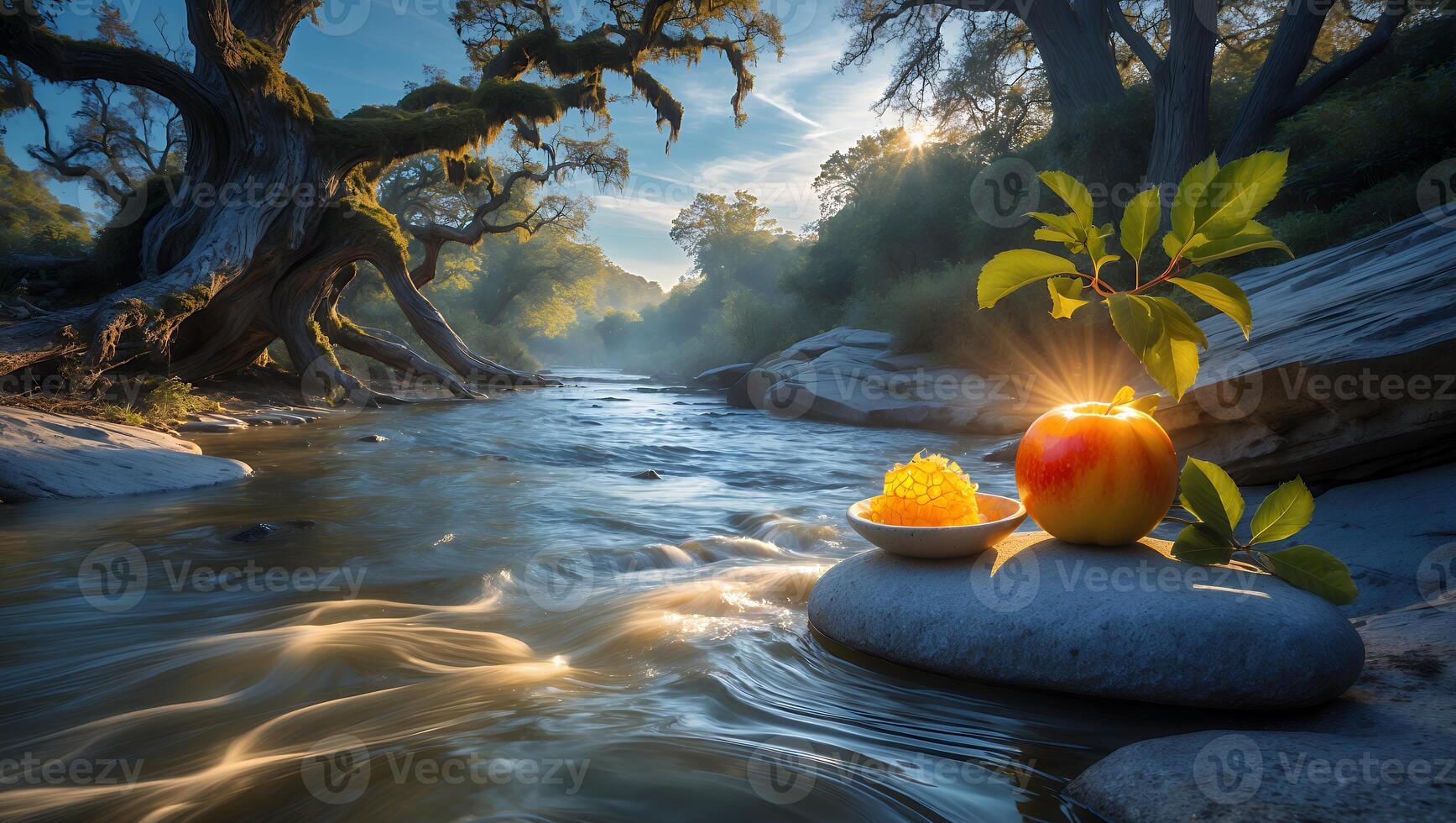 Apple and Honey by Riverbank at Sunrise Celebrating Rosh Hashanah photo