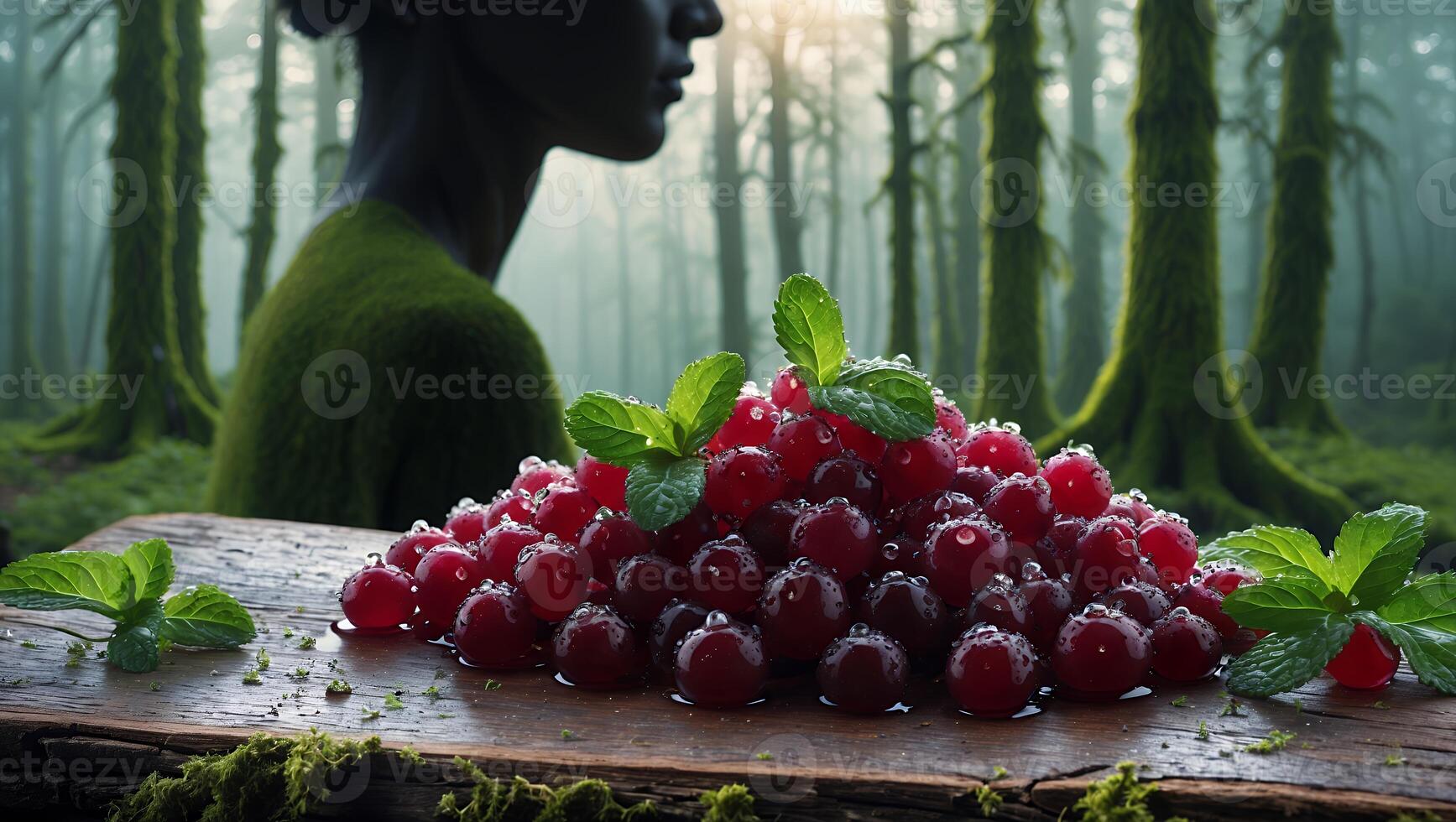 Fresh Red Currants with Mint on Rustic Wood in Forest photo