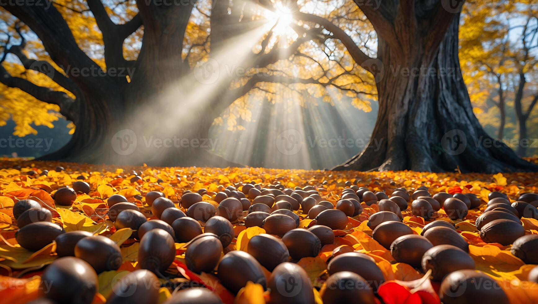 Gathered Acorns and Fallen Leaves Under Autumn Trees with Sunlight photo
