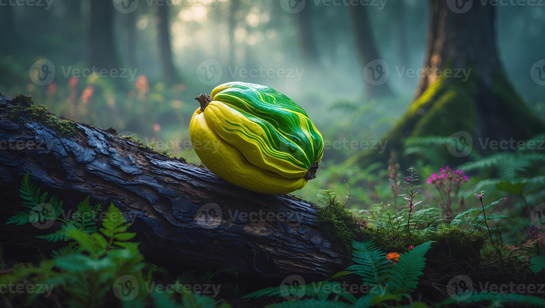 Gourd Lying on Log in Forest with Misty Background Scene photo