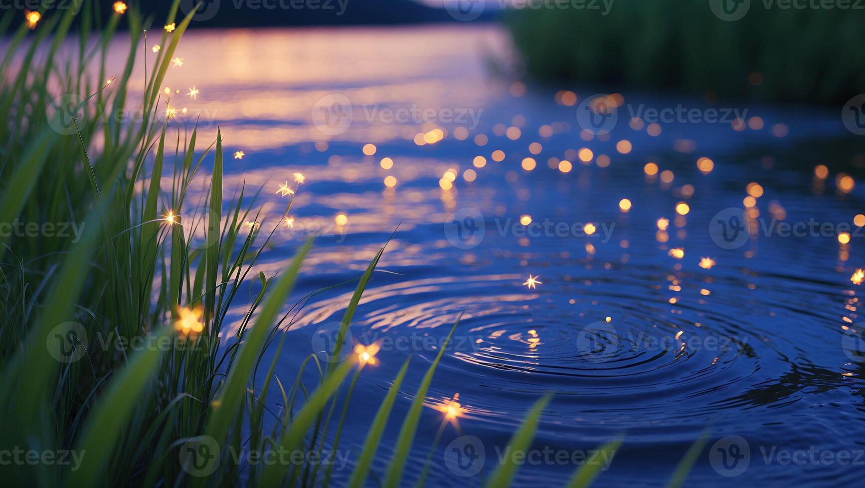 Glowing Lights Reflecting in the Water with Tall Grass and Ripples photo
