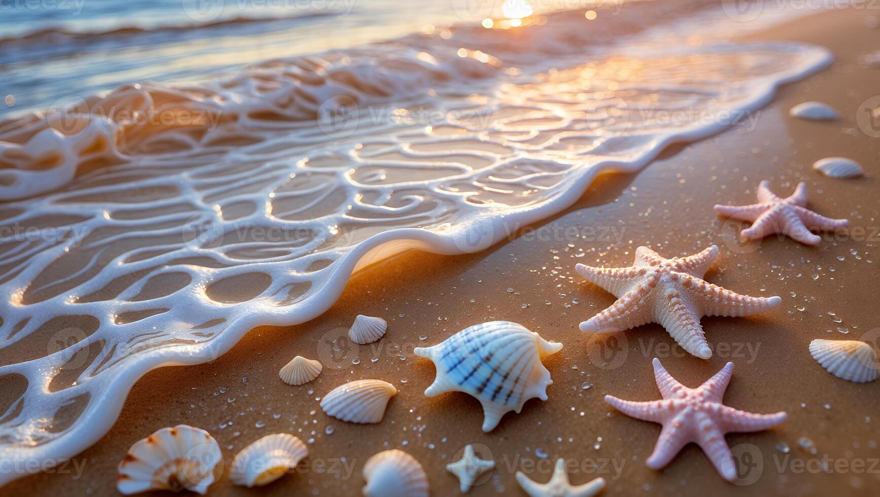Seashells and Starfish on Sandy Beach with Gentle Wave Rolling in photo