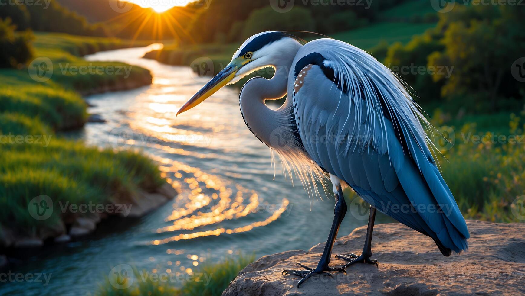 Great Blue Heron Stands by River at Sunset Nature Landscape photo