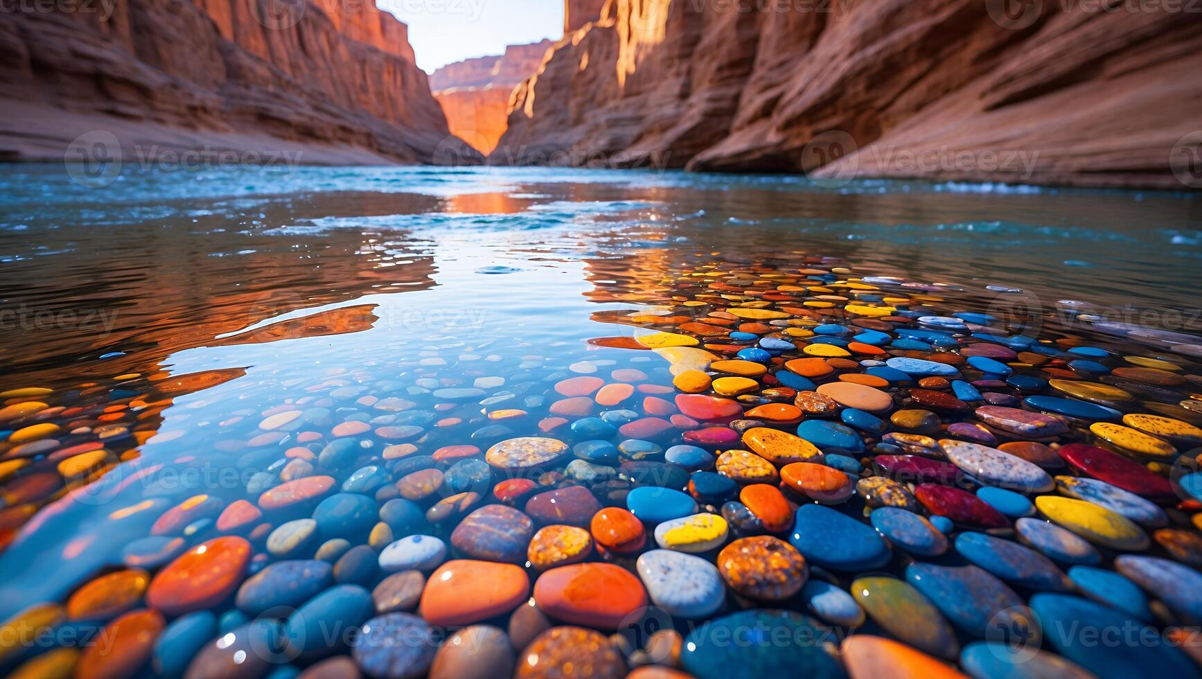 Colorful Pebbles in River Water with Canyon Walls Landscape photo
