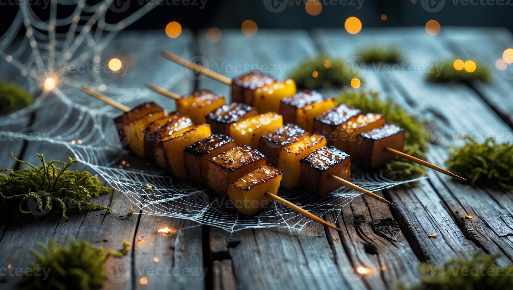 Serving Grilled Pineapple Skewers on Rustic Wood with Spiderweb Decoration photo