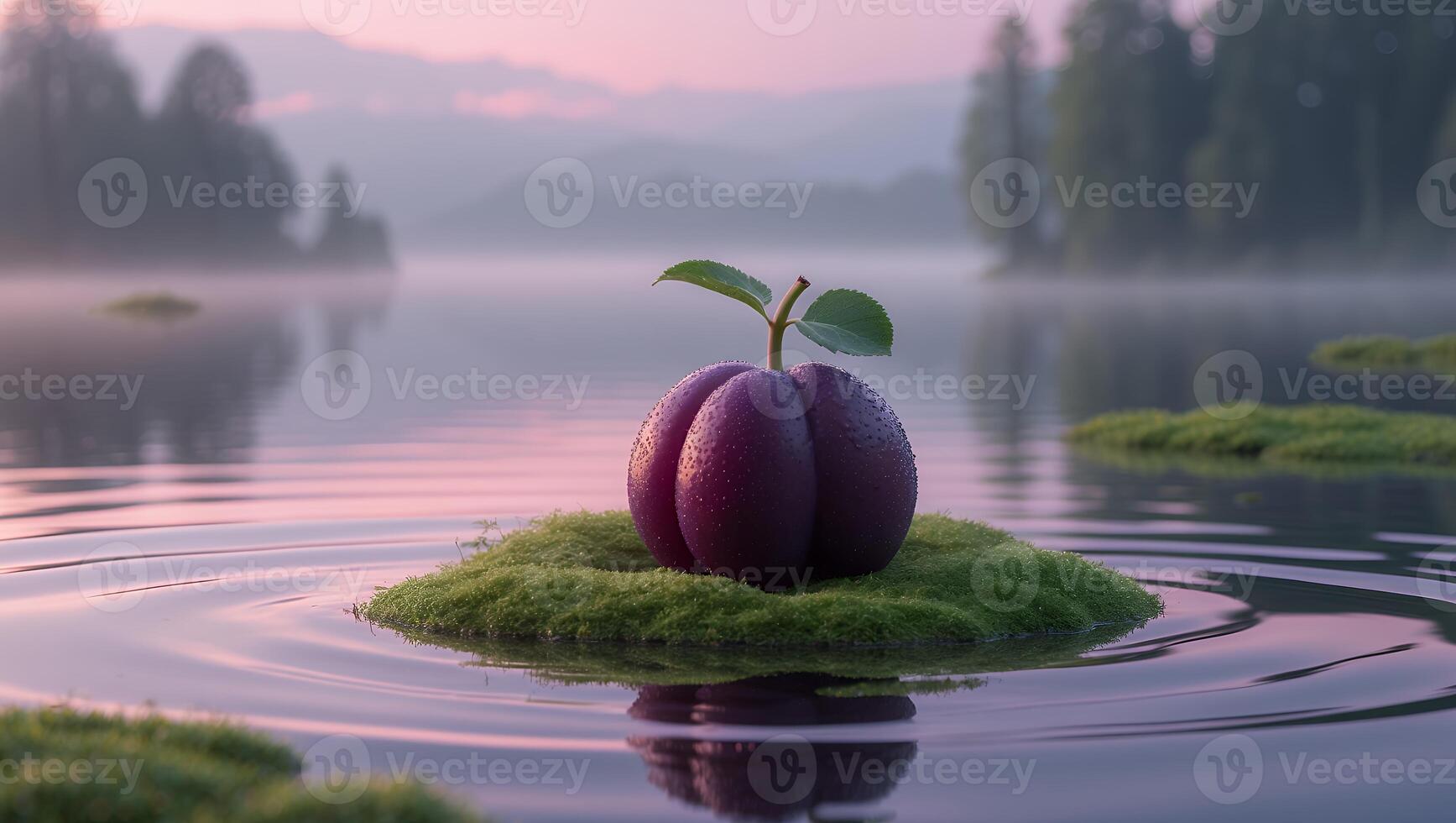 Plum on Moss Island Floating in Calm Lake Water at Dawn photo