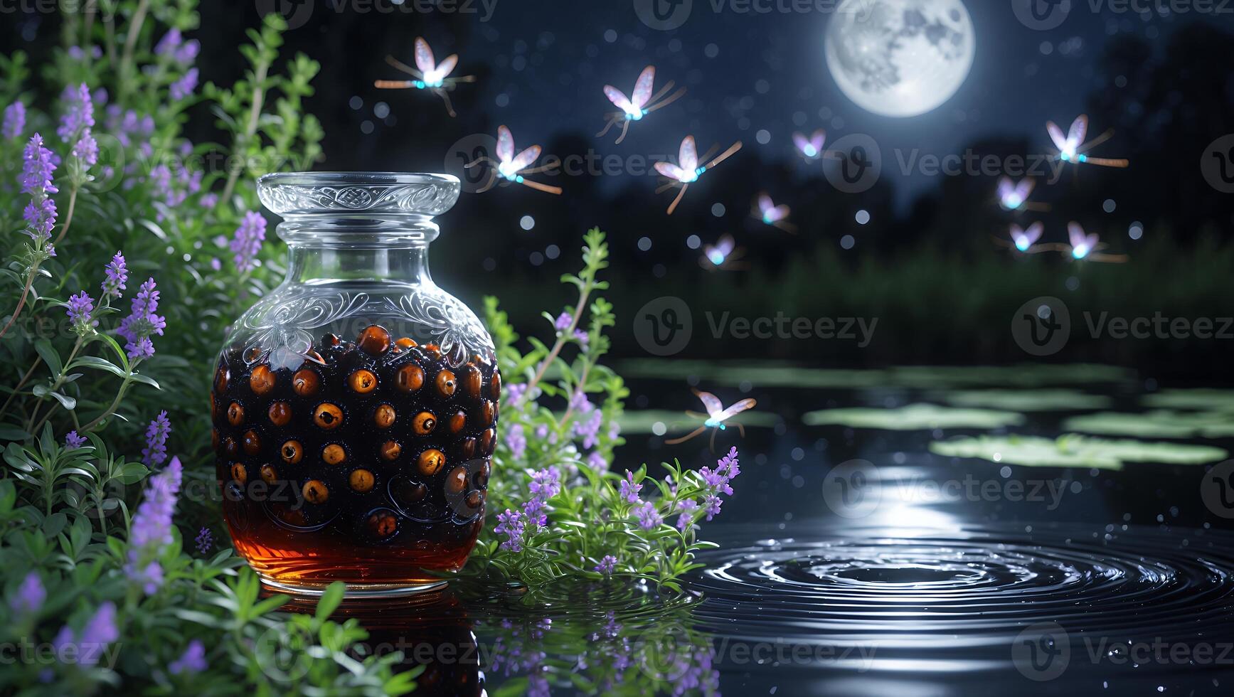 Dark Liquid in Glass Jar Beside Lake with Fireflies at Night photo