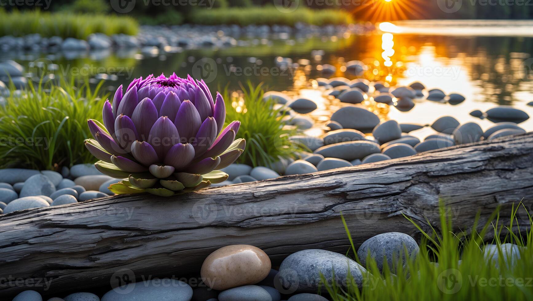 Purple Flower and Log at Riverbank with Sunset Reflected in Water photo