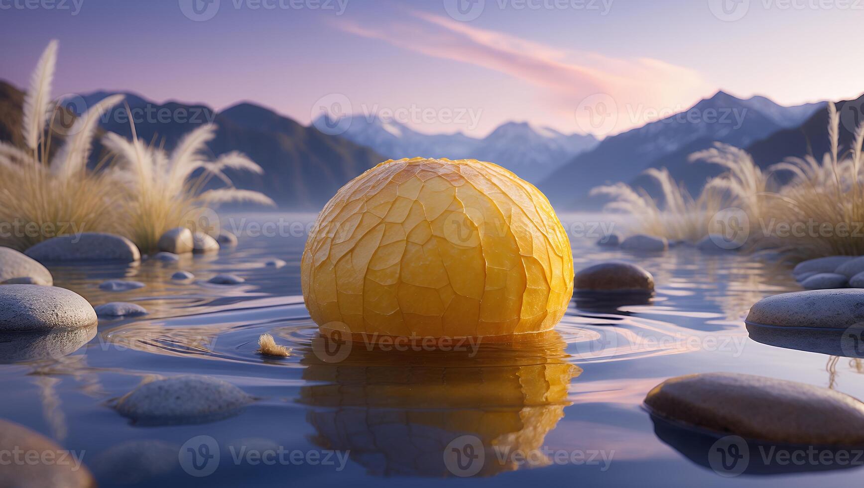 Yellow Sphere Floating in Water with Mountain and Sunset View photo