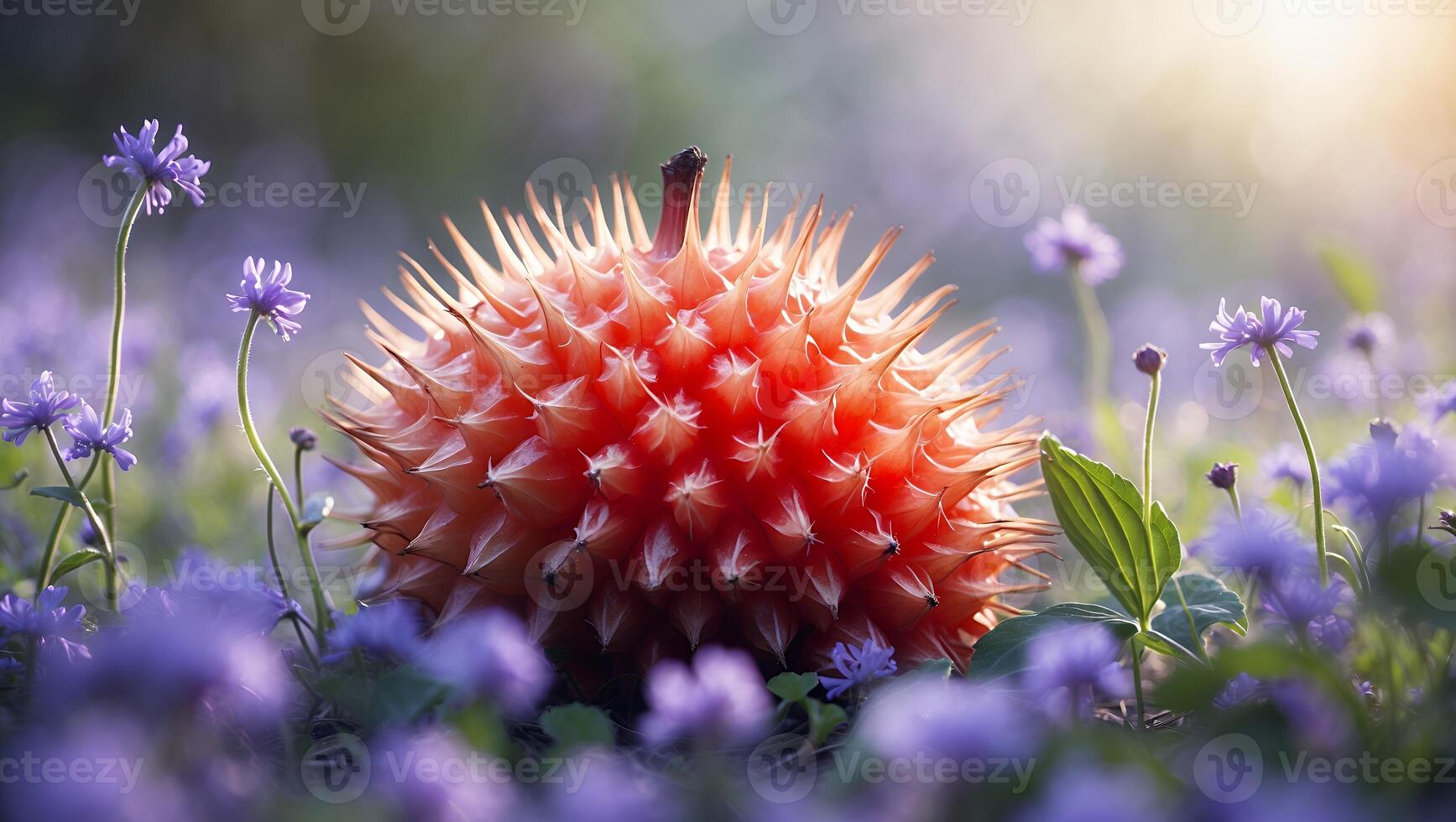 Spiky Fruit Among Violet Flowers Creates Whimsical and Dreamy Scene photo