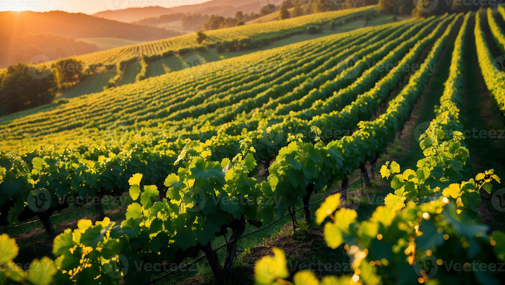 Vineyard Rows at Sunset Green Leaves and Rolling Hills Landscape photo
